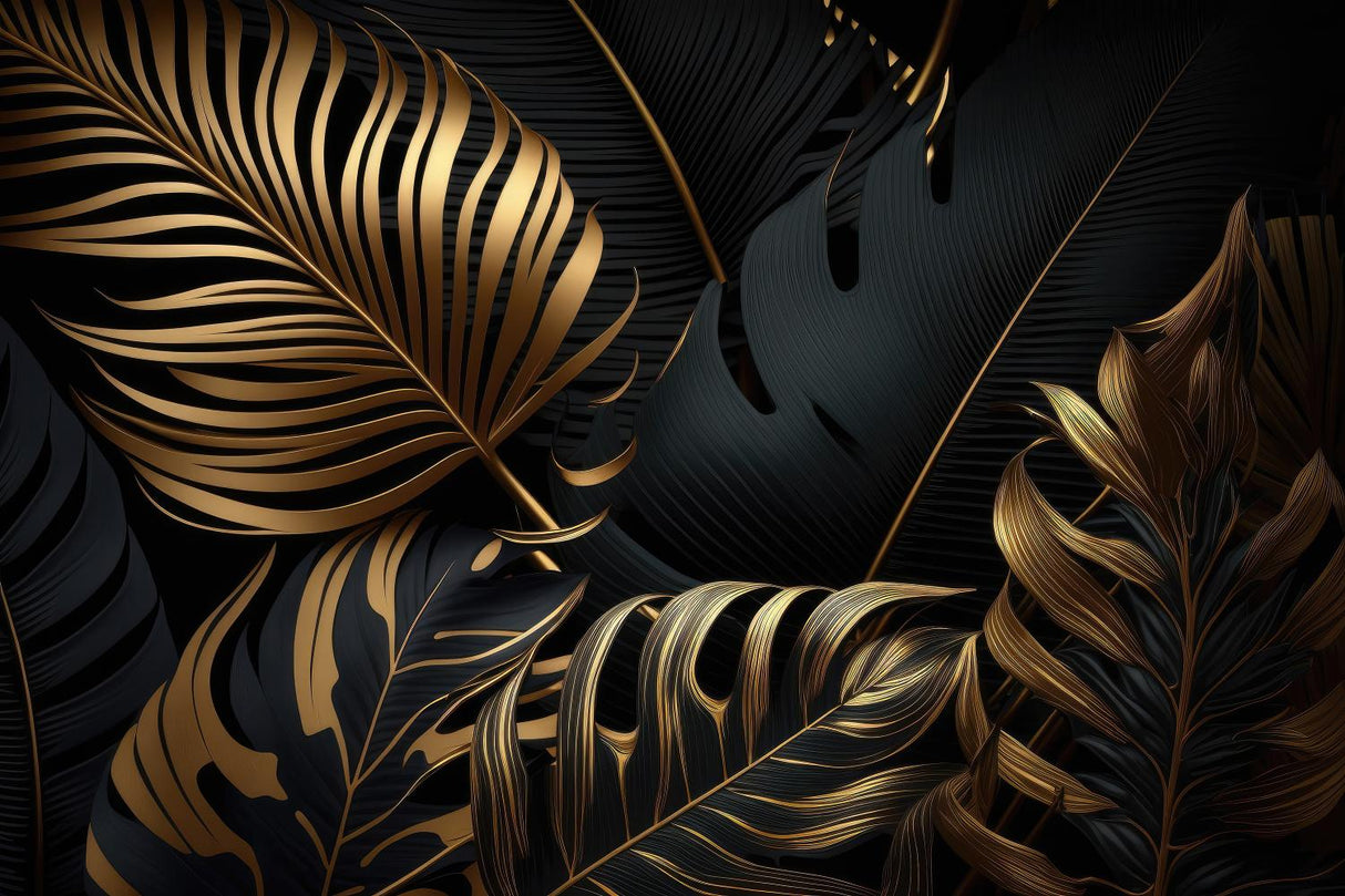 Black and gold palm leaves wallpaper design file showing detailed pattern and metallic effects