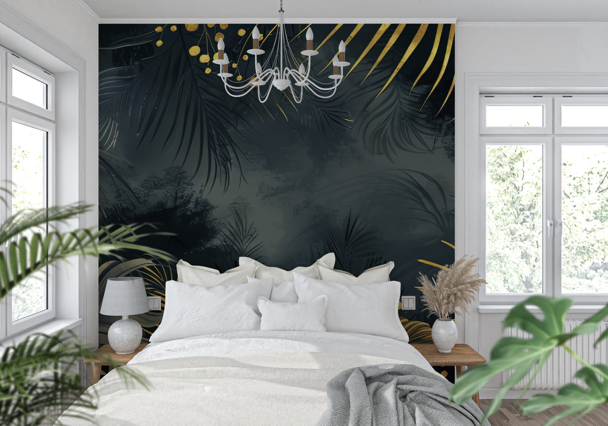 Tropical black and gold palm leaves wallpaper in modern living room with dark furniture
