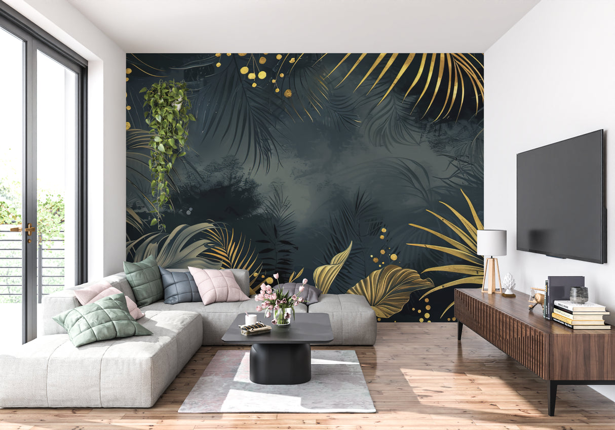 Black and gold palm leaf mural creating drama in master bedroom