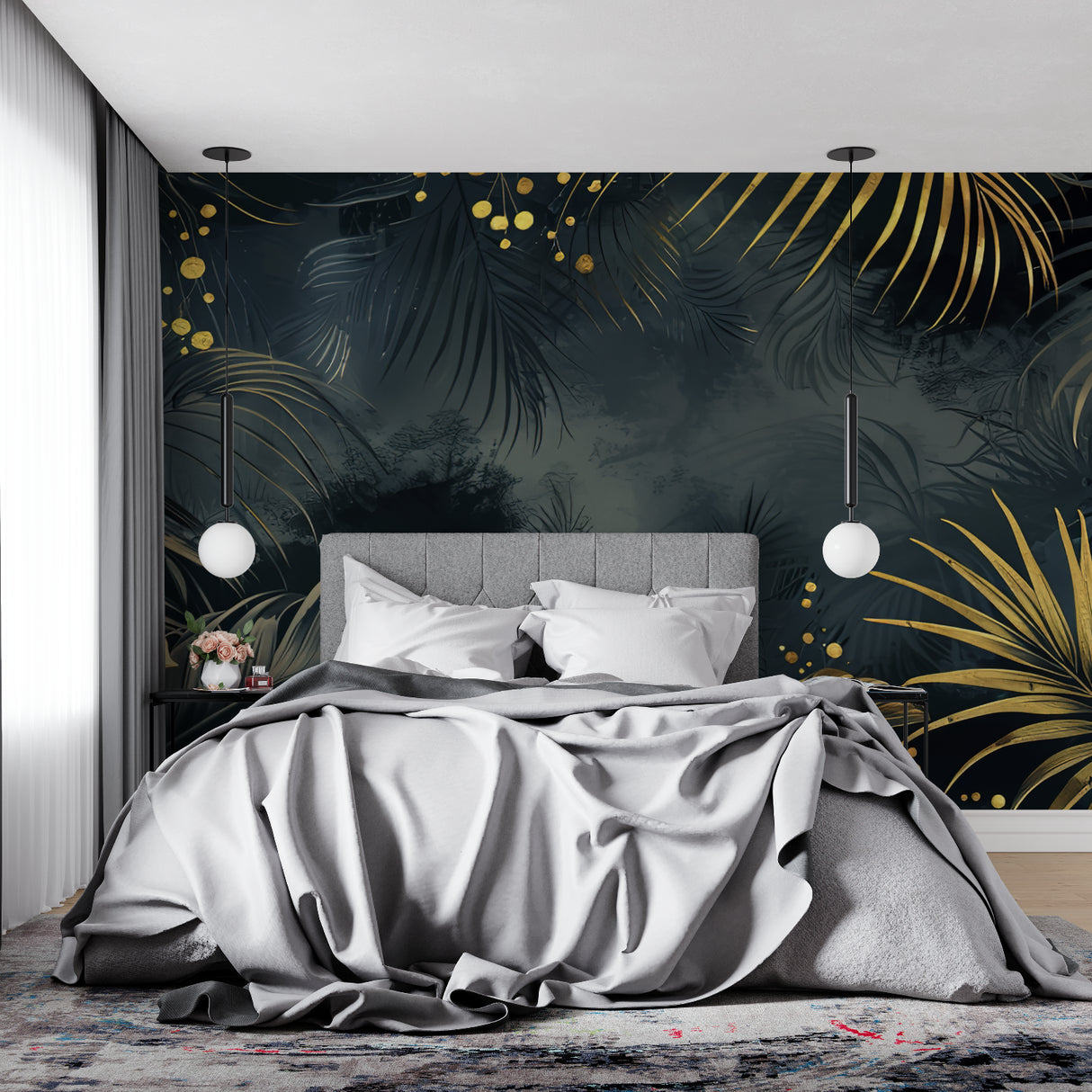 Jungle-inspired black and gold wallpaper in home office setting