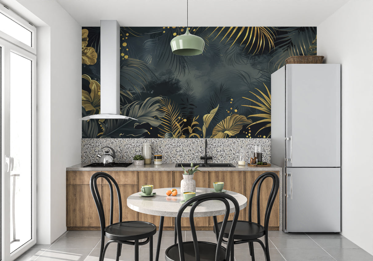 Dark tropical mural with golden details in luxury bathroom