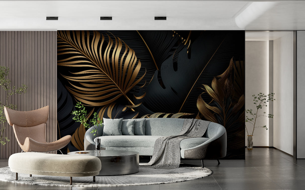 Home office with elegant black and gold tropical leaf wallpaper