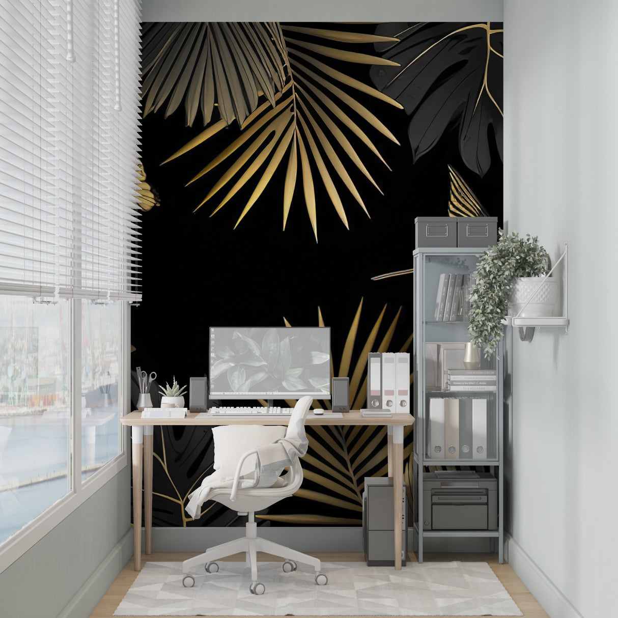 Black and gold tropical wallpaper creating elegance in a modern living room with high ceilings