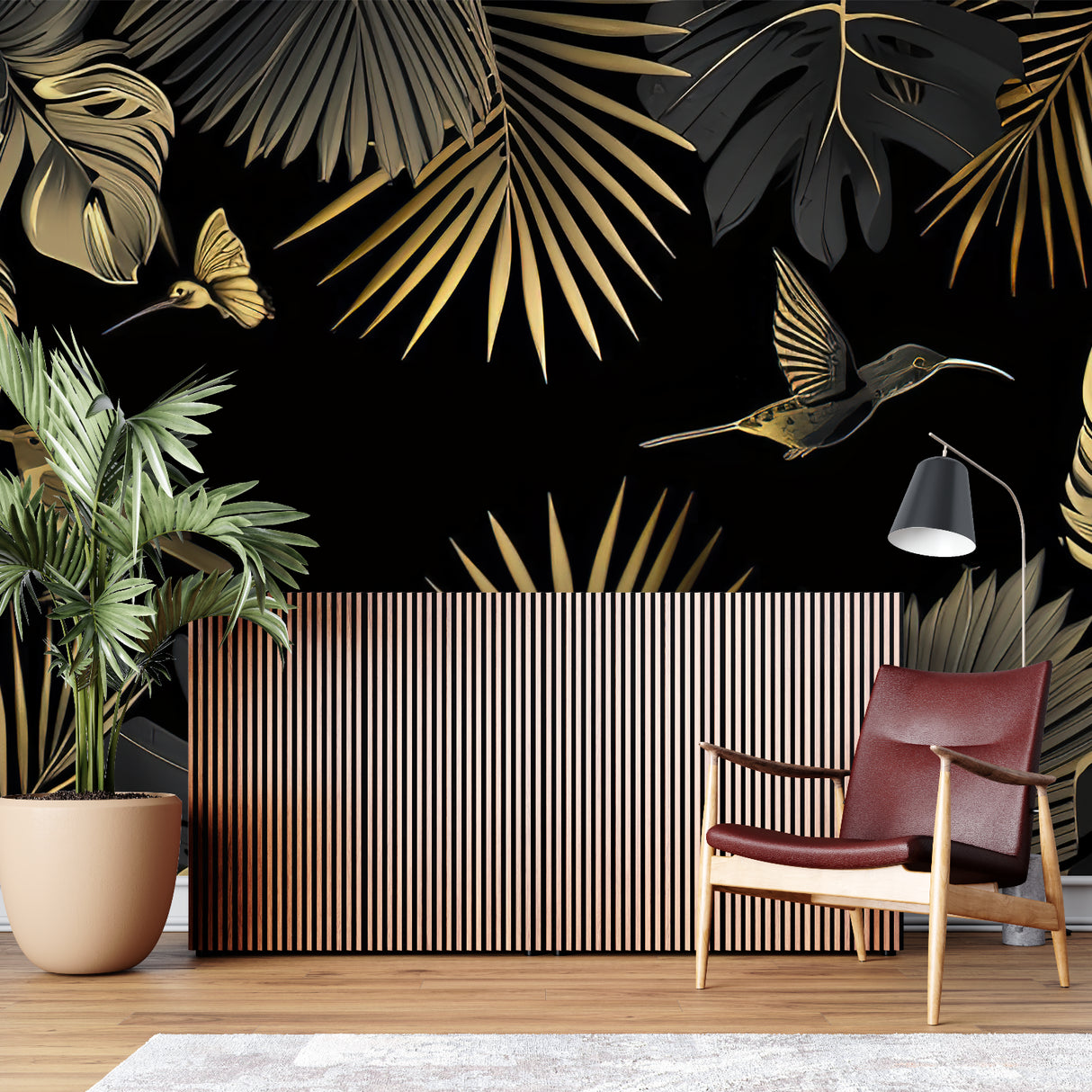 Luxury palm leaf wallpaper in a dining room with gold accents