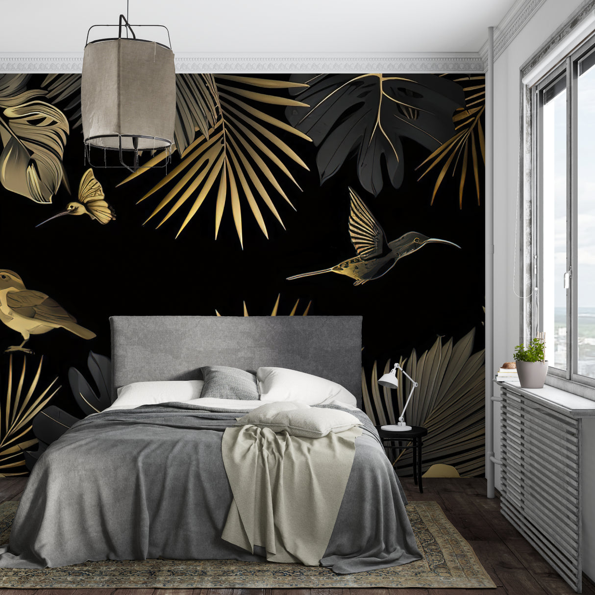 Tropical black and gold wallpaper making a bold statement in home office