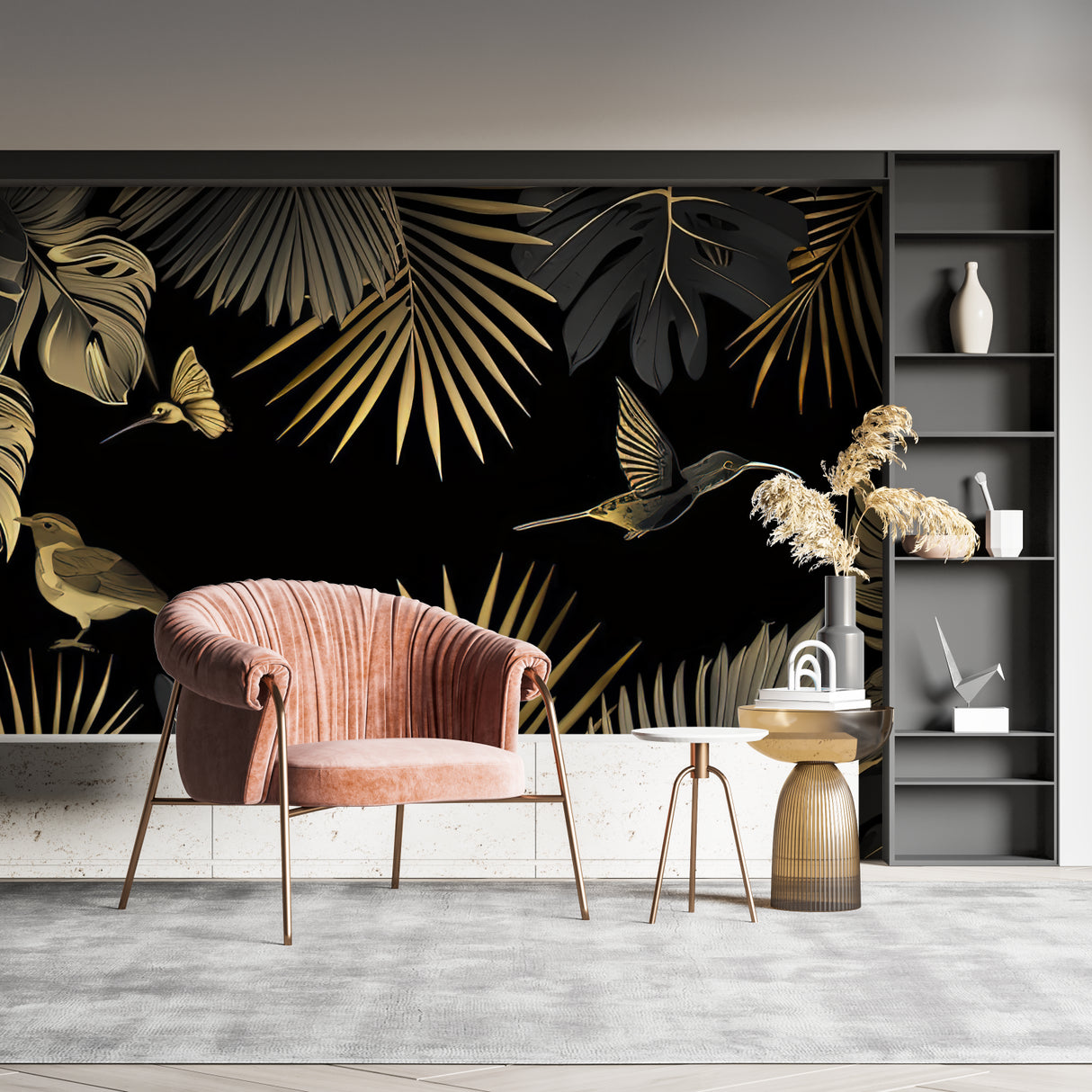 Black and gold palm leaf mural creating luxury feel in entrance hall