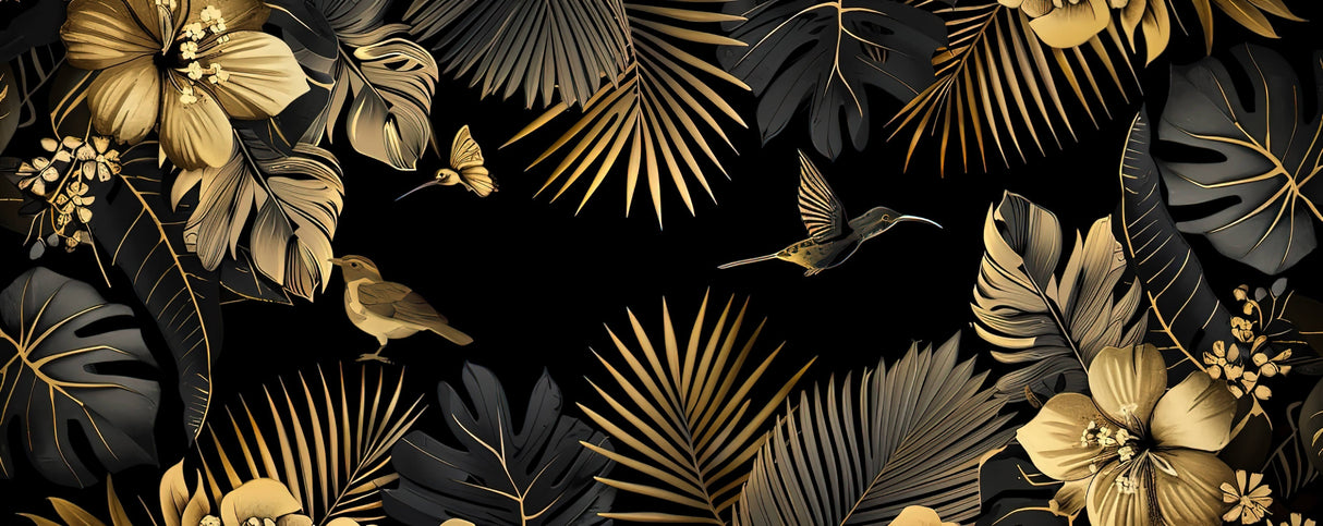 Design file showing intricate details of gold palm leaves and hummingbirds on black background