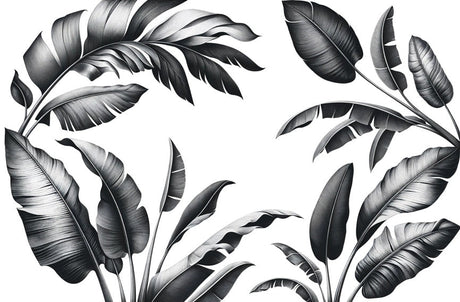 Black and white banana leaf wallpaper design file showing detailed botanical pattern