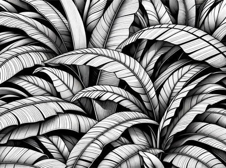 Black and white banana leaf pattern design file showing detailed botanical illustration