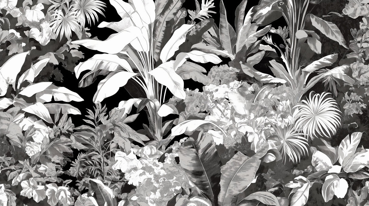 Black and white tropical botanical wallpaper creating drama in a modern living room with high ceilings and minimal furniture