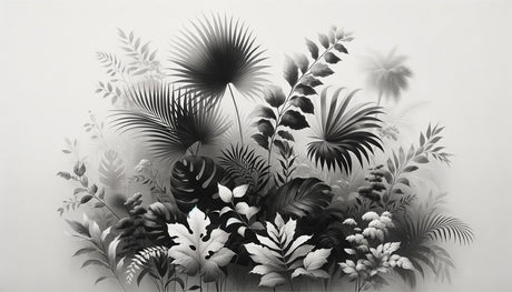 Black and white botanical wallpaper design file showing detailed monstera and palm leaf pattern