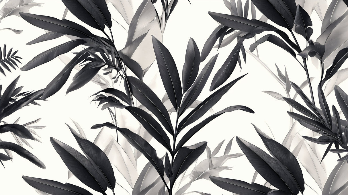 Monochrome botanical wallpaper making a bold statement in a minimalist dining space