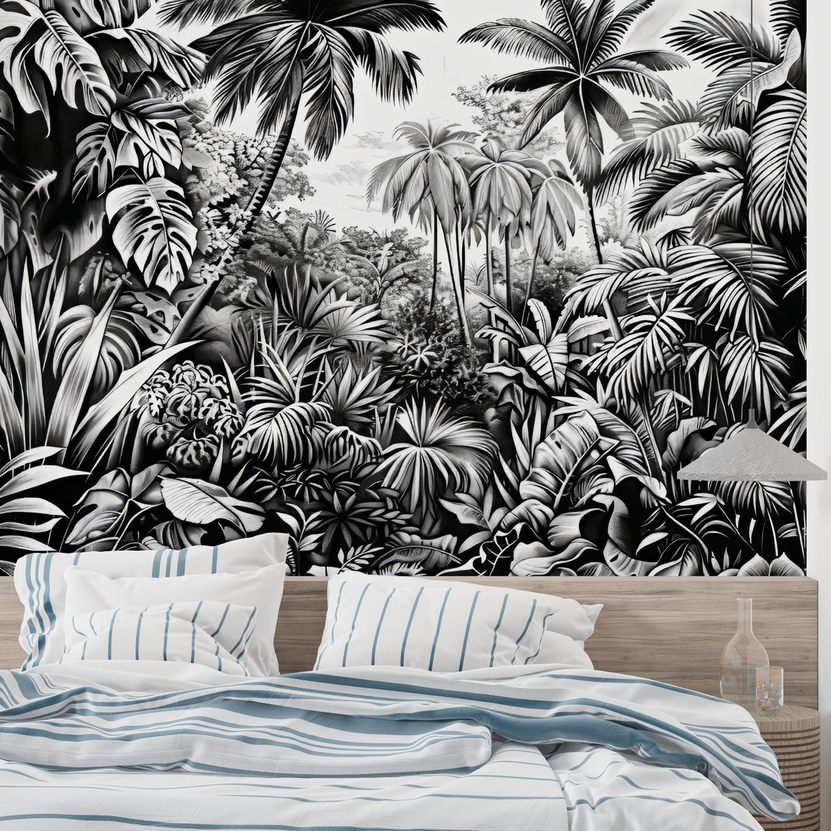 Black and white tropical jungle wallpaper in modern living room with minimal furniture and natural light