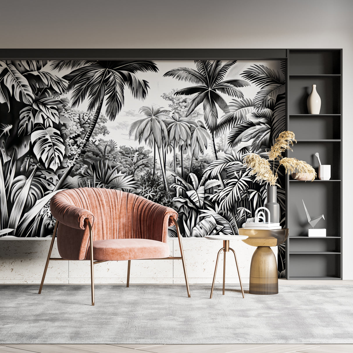 Monochrome jungle mural wallpaper in master bedroom creating dramatic atmosphere