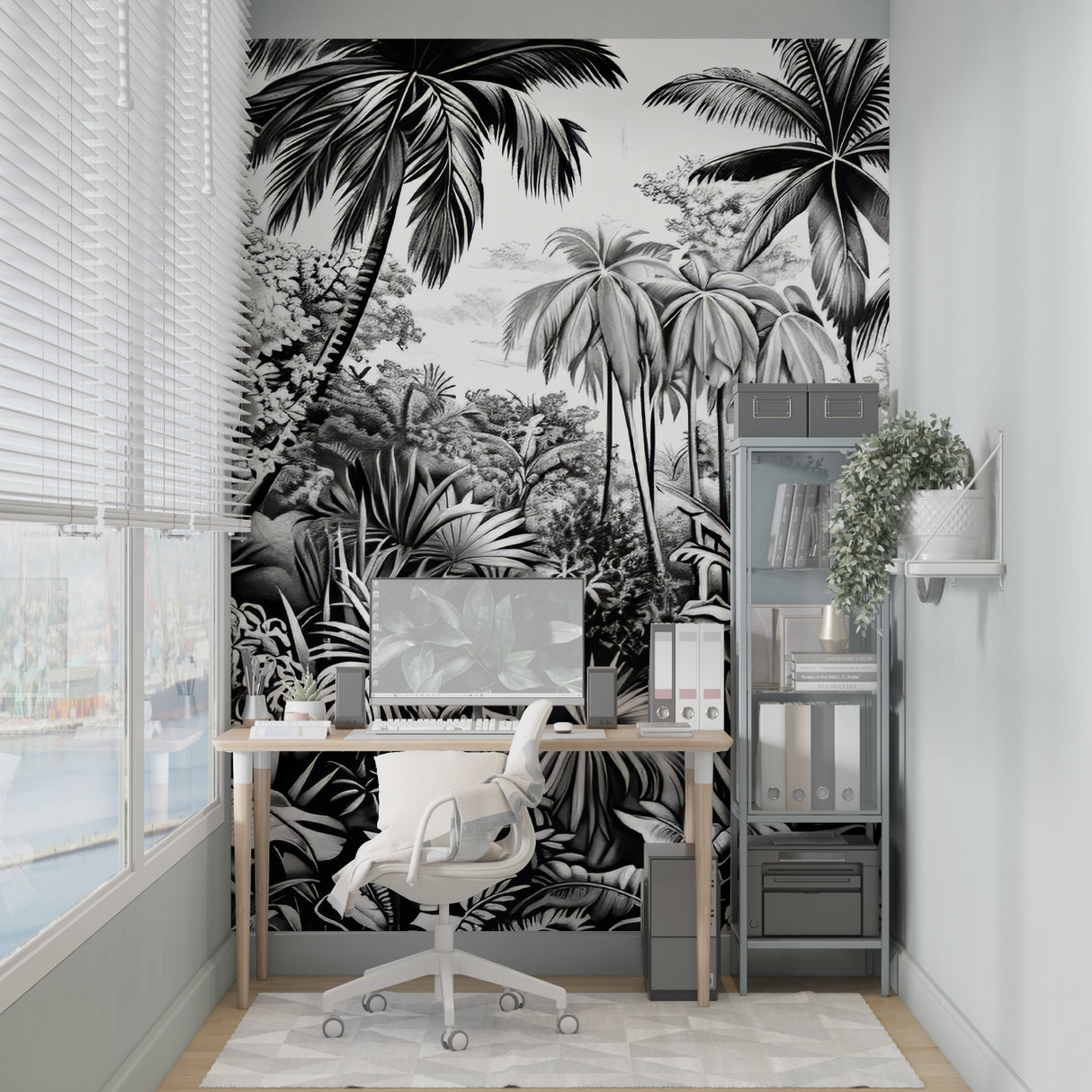 Black and white tropical wallpaper in dining room with contemporary decor