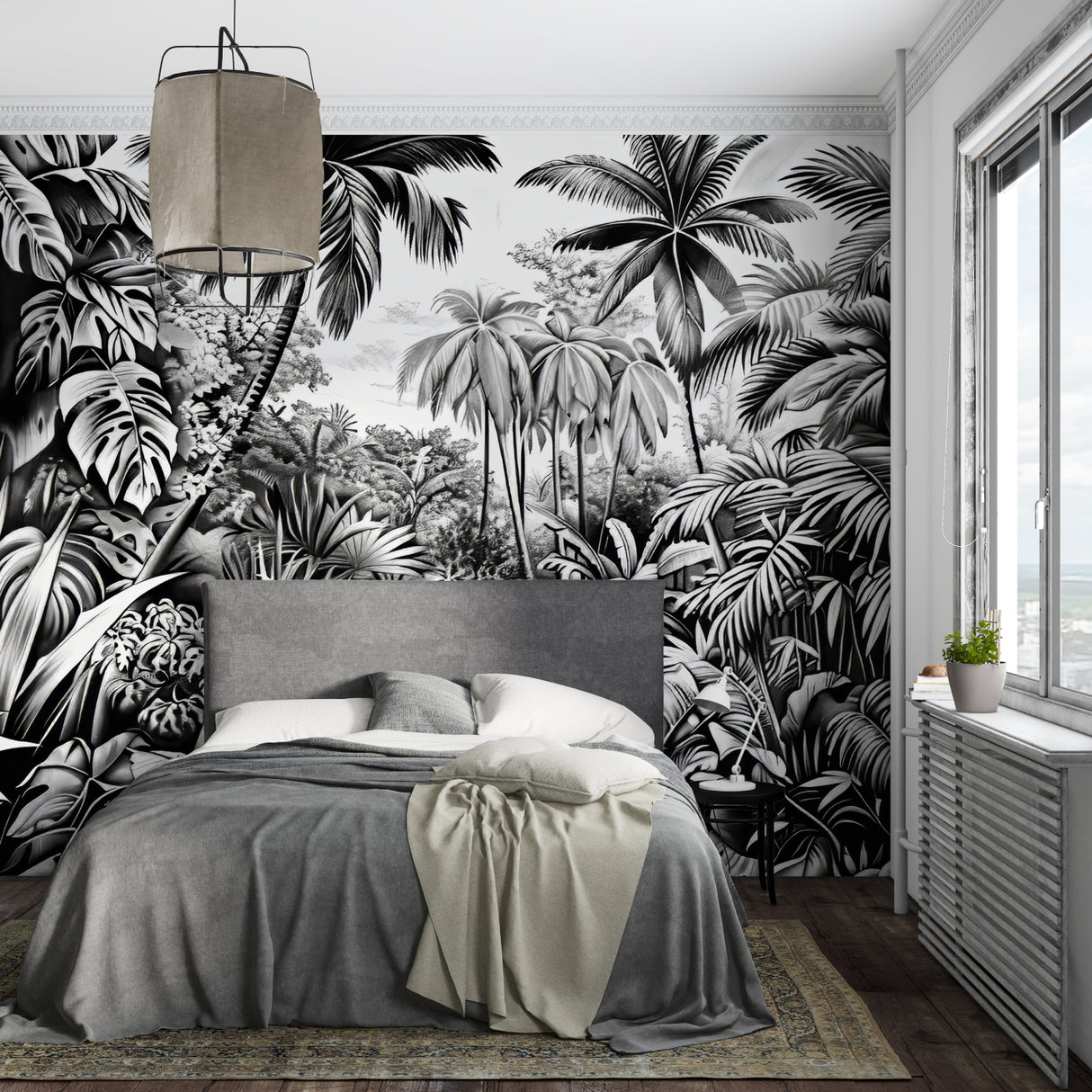 Striking jungle leaf pattern wallpaper in home office setting