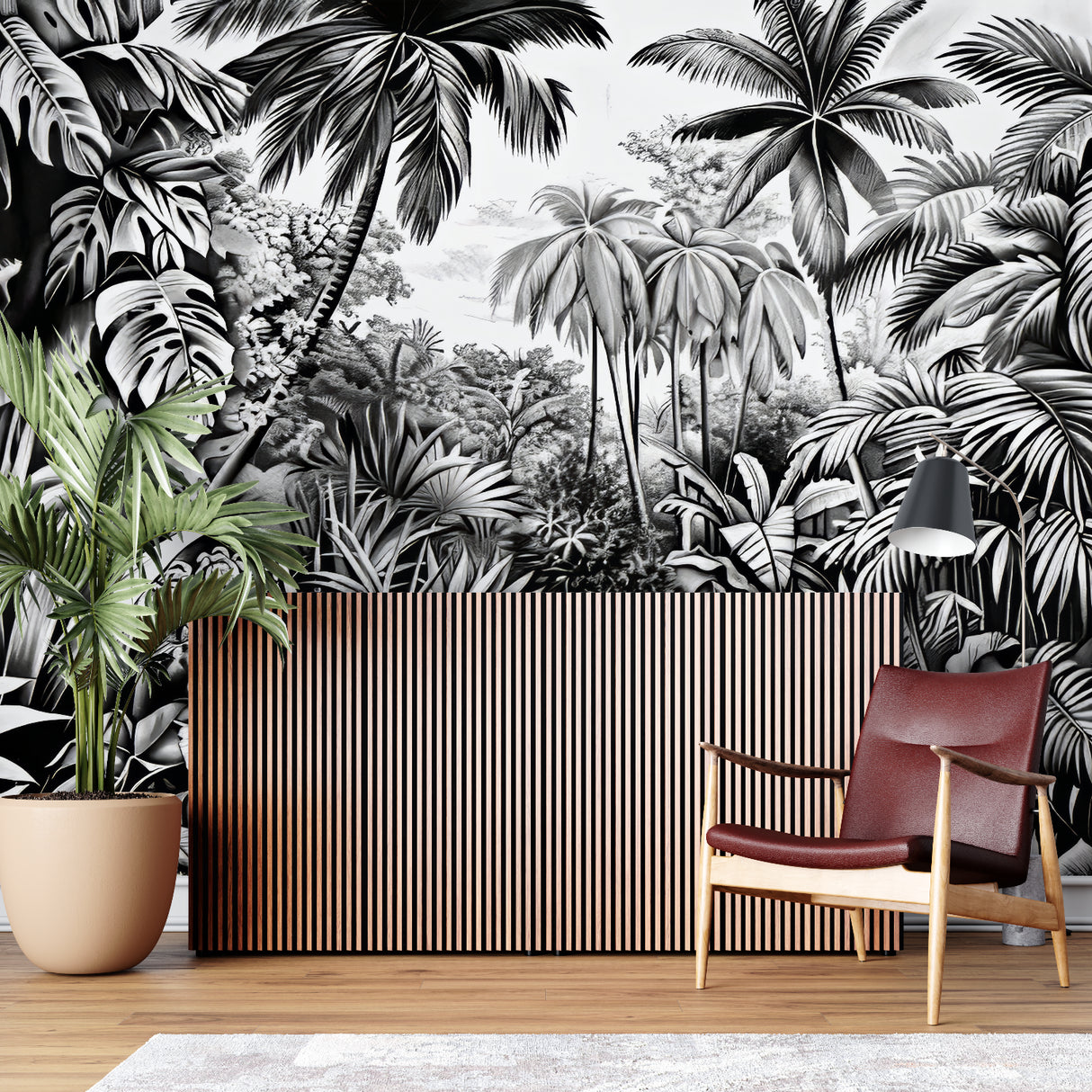 Monochrome tropical mural in hallway showing full wall application
