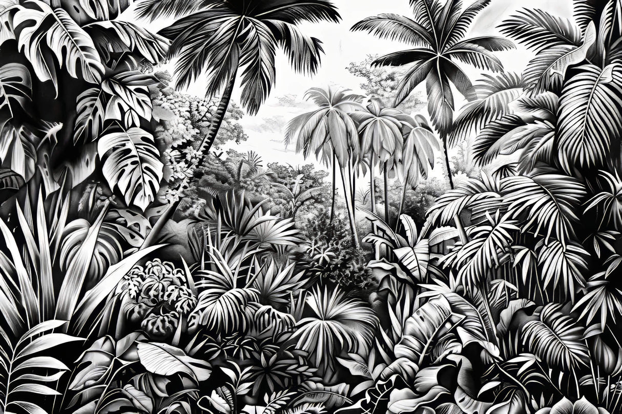Black and white tropical jungle design file showing detailed leaf pattern and texture