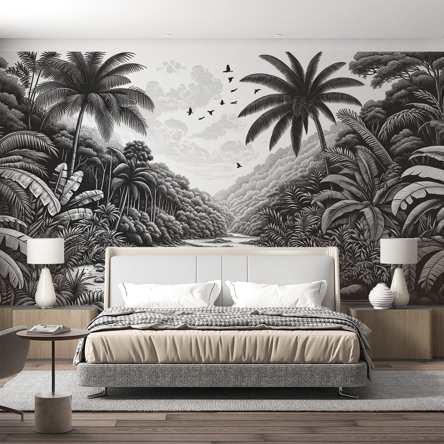 Black and white tropical jungle wallpaper creating depth in a modern living room with clean furniture and natural light
