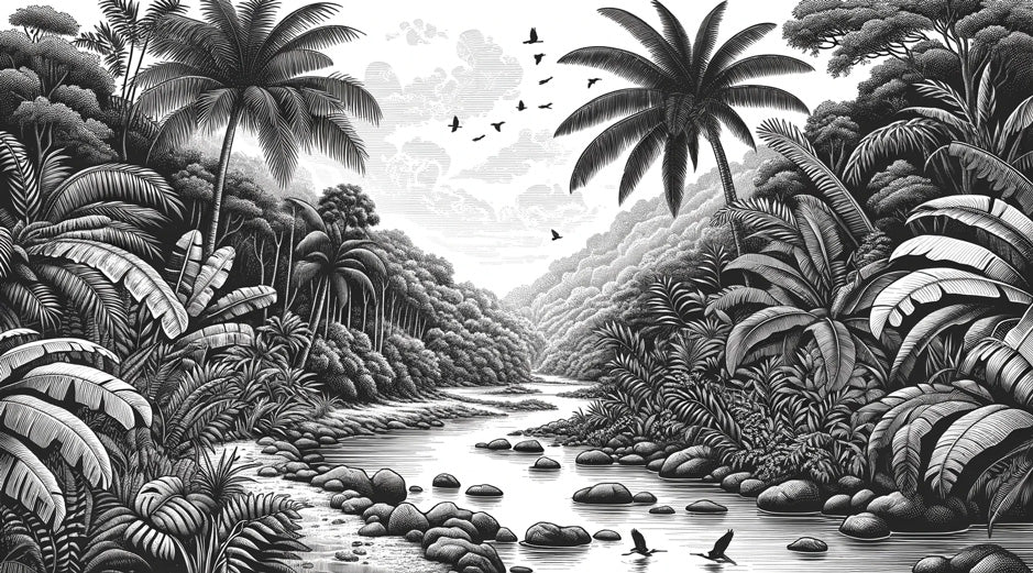Black and white tropical paradise design file showing detailed palm trees and river pattern