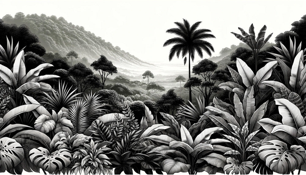 Tropical black and white jungle wallpaper design file showing detailed palm leaves and shadows