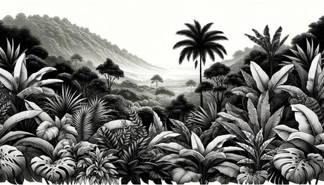 Tropical black and white jungle wallpaper design file showing detailed palm leaves and shadows