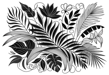 Black and white tropical leaf pattern design file showing detailed botanical line art and flowing leaf forms