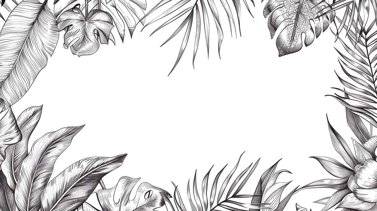 Design file showing detailed black and white tropical leaf pattern with monstera and palm fronds
