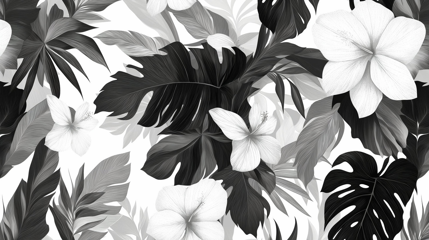 Black and white Monstera leaf wallpaper design file showing detailed botanical pattern