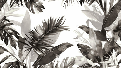 Monochrome tropical leaf pattern design file showing detailed Monstera leaves in watercolor style