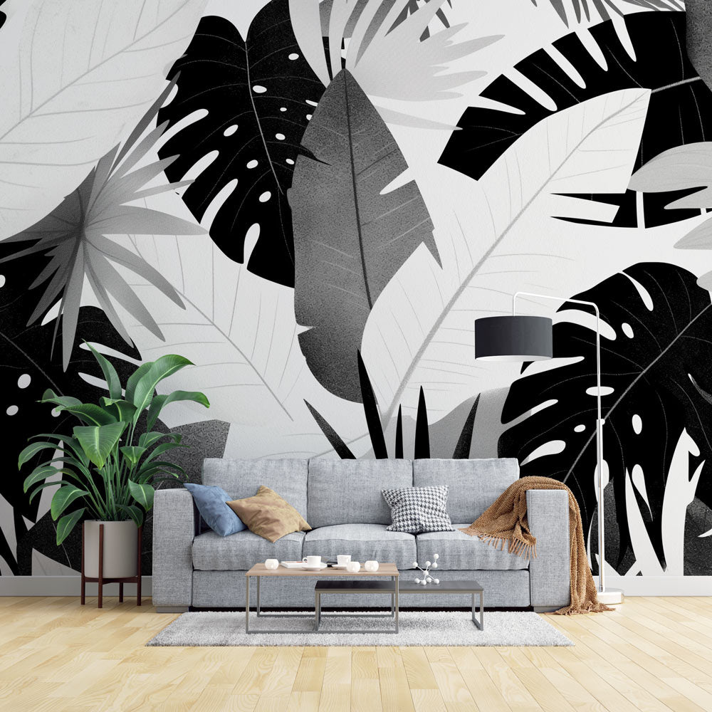 Black and white Monstera wallpaper in modern living room with minimal furniture and natural light