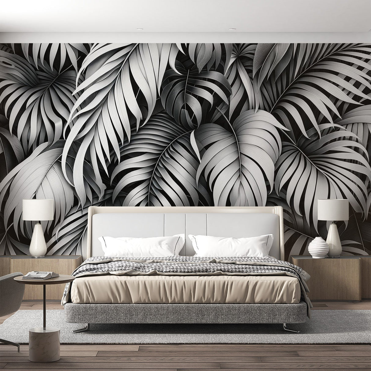 Black and white Monstera leaf wallpaper creating dramatic contrast in modern living room with minimalist furniture
