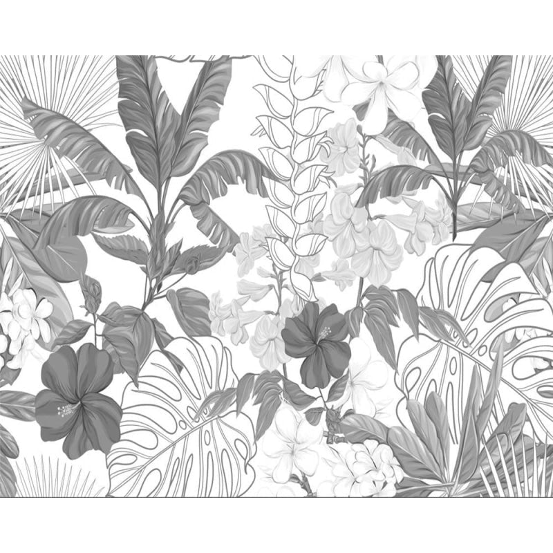 Black and white botanical mural adding drama to a master bedroom with gray bedding and plants