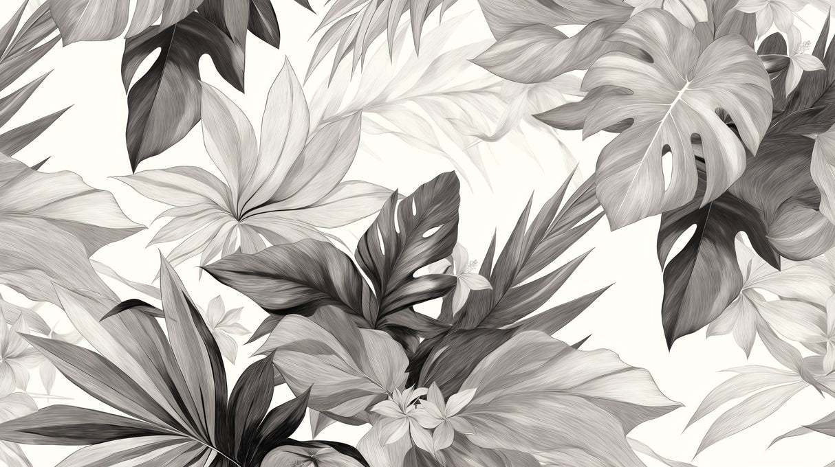 Black and white Monstera leaf wallpaper mural in a modern dining room, creating a bold botanical statement wall