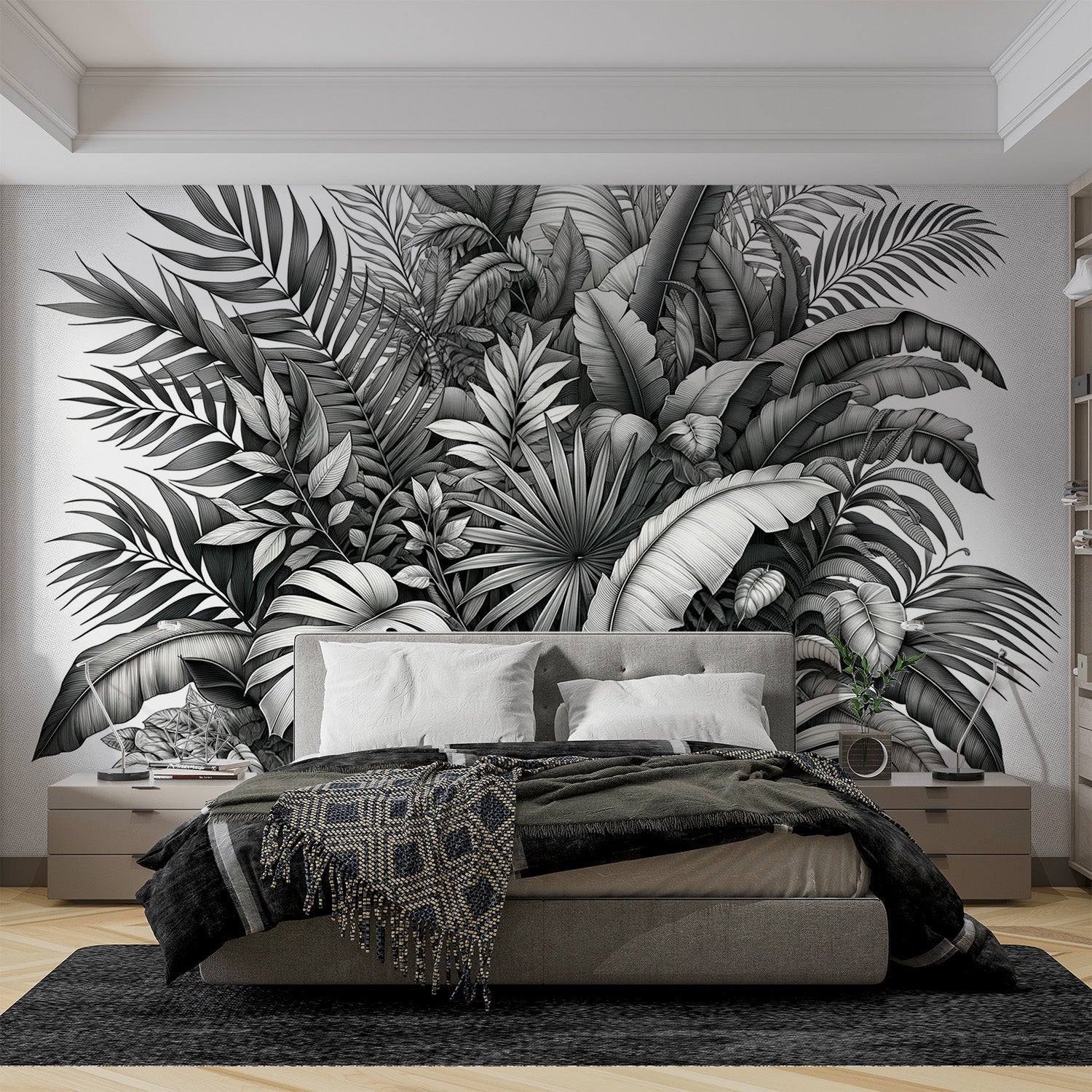 Tropical Monstera leaf wallpaper in modern minimalist living room, black and white design creating dramatic focal point