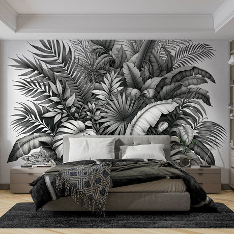 Tropical Monstera leaf wallpaper in modern minimalist living room, black and white design creating dramatic focal point
