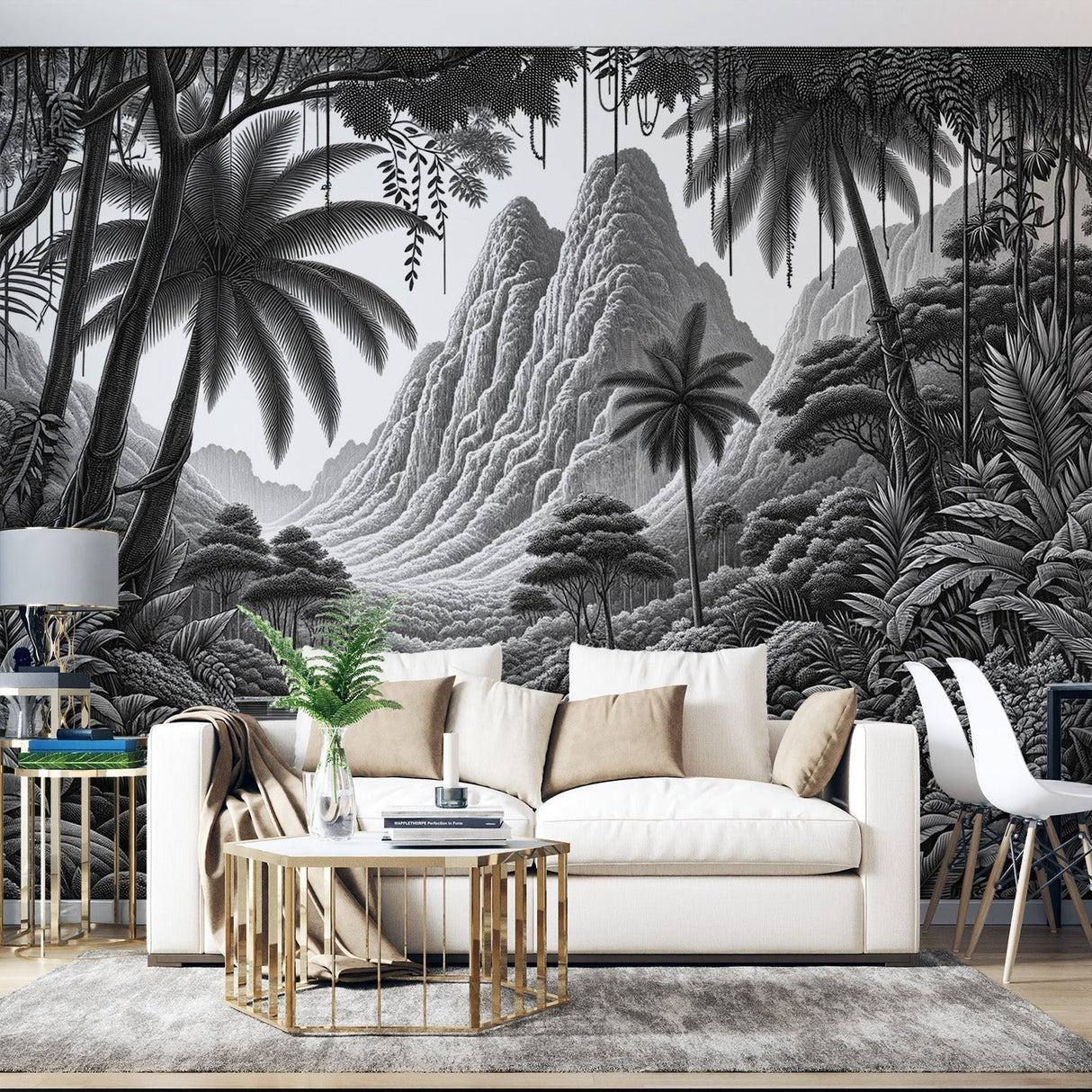 Black and white tropical mountain landscape mural wallpaper creating depth in a modern living room with minimal furniture