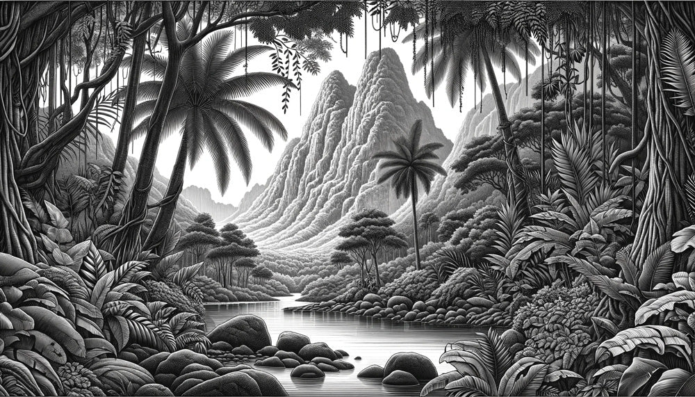 Black and white mountain landscape design file showing intricate tropical details and textures