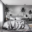Black and white tropical beach wallpaper creating a calm atmosphere in a modern living room