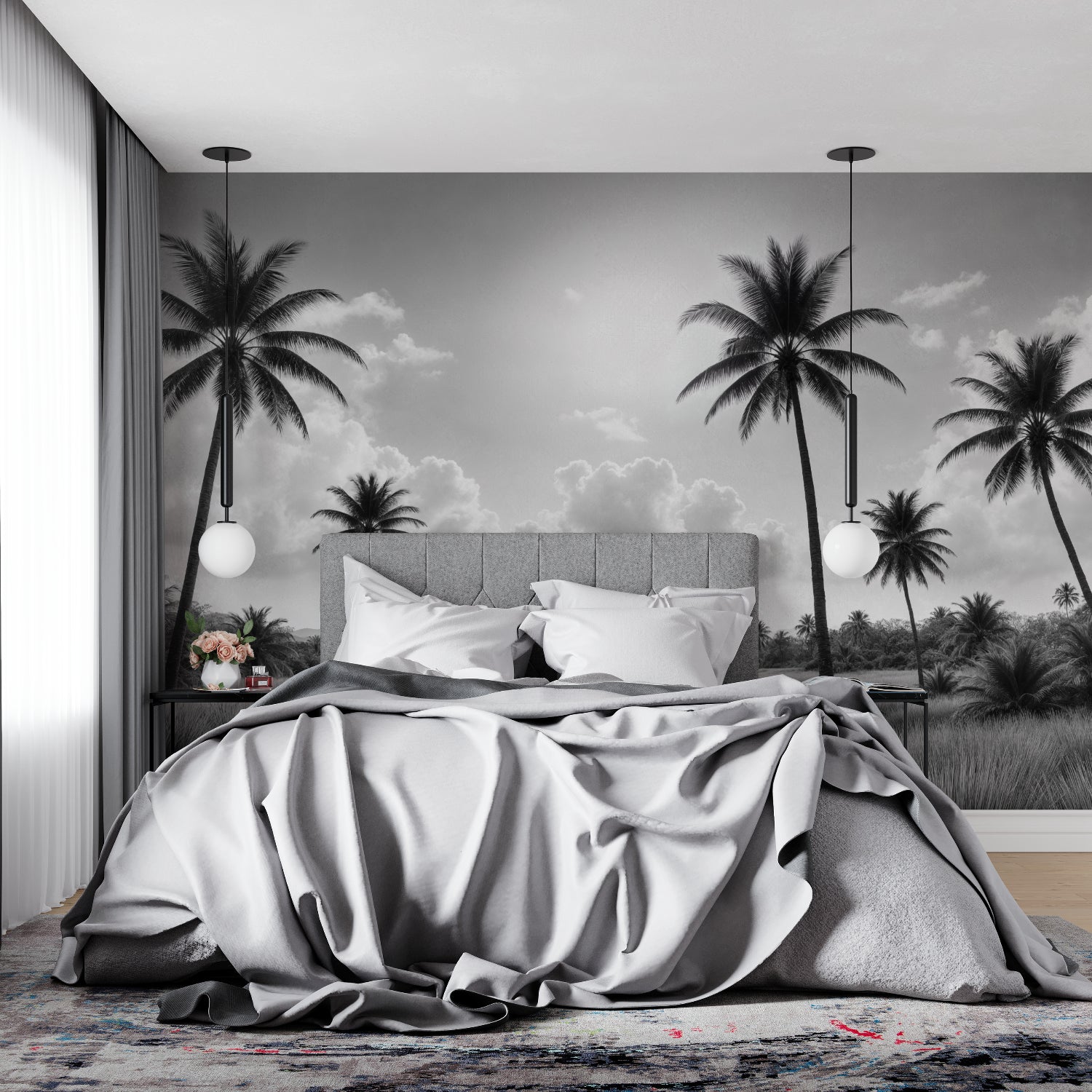 Black and white tropical beach wallpaper creating a calm atmosphere in a modern living room