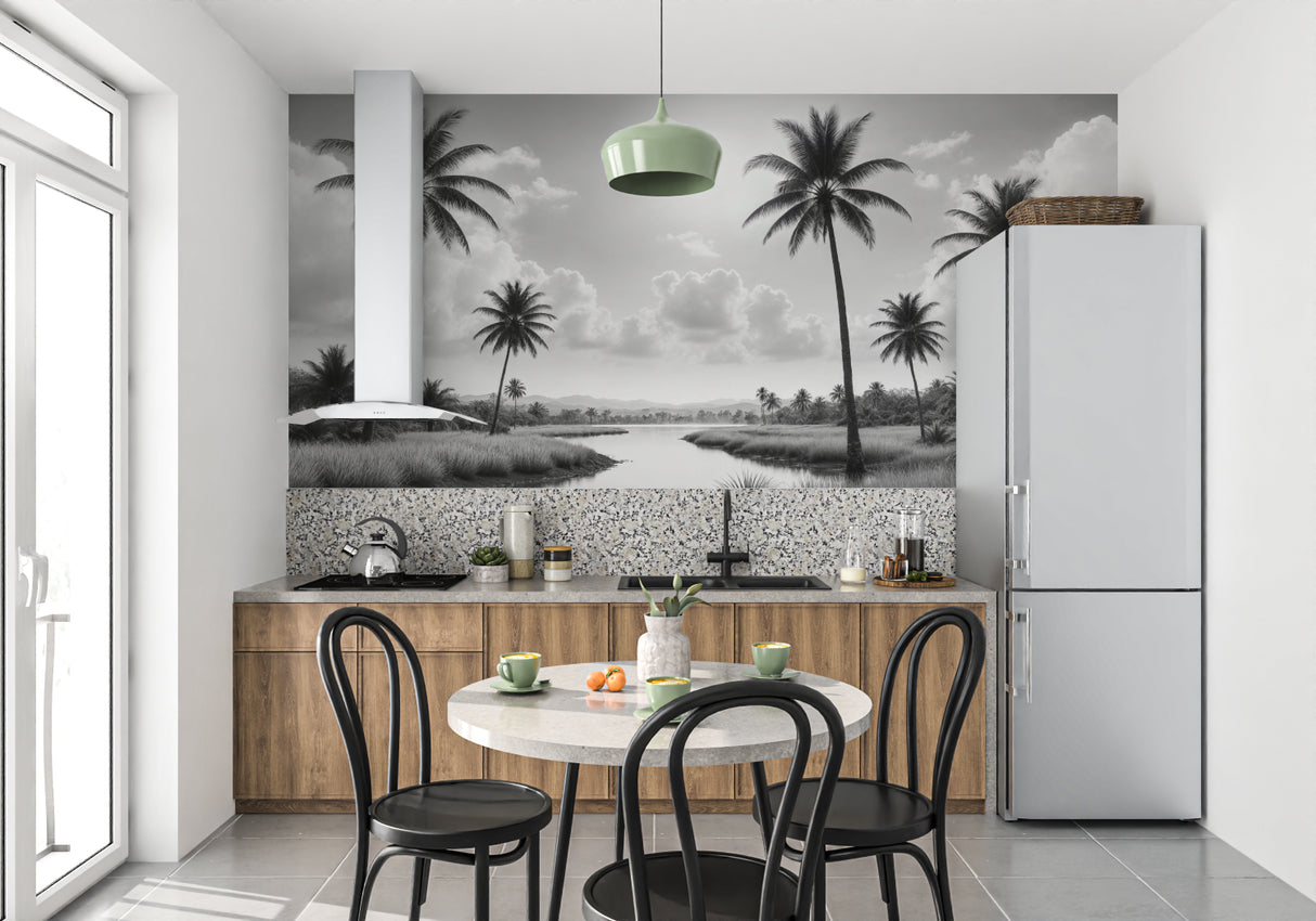 Monochrome palm tree mural adding depth to a minimalist bedroom