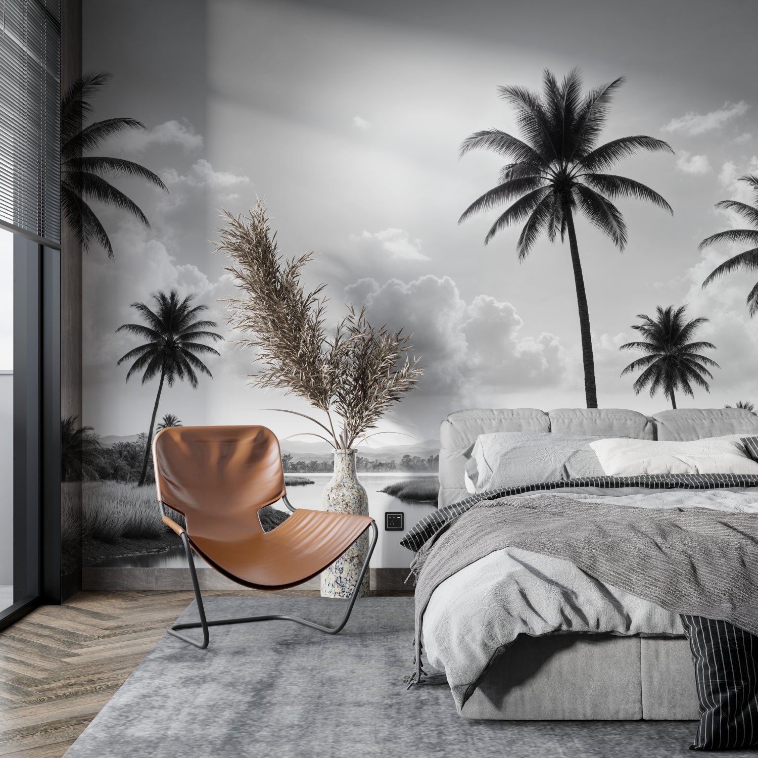 Black and white beach landscape wallpaper in a contemporary dining space