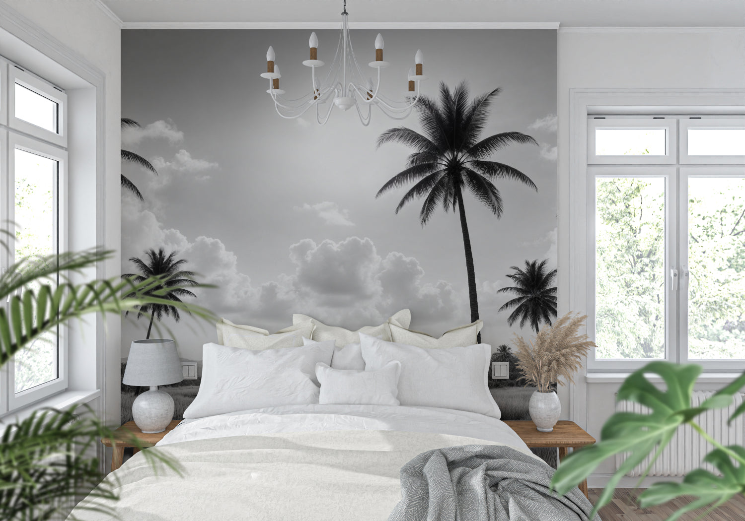 Tropical palm wallpaper making a statement in a home office