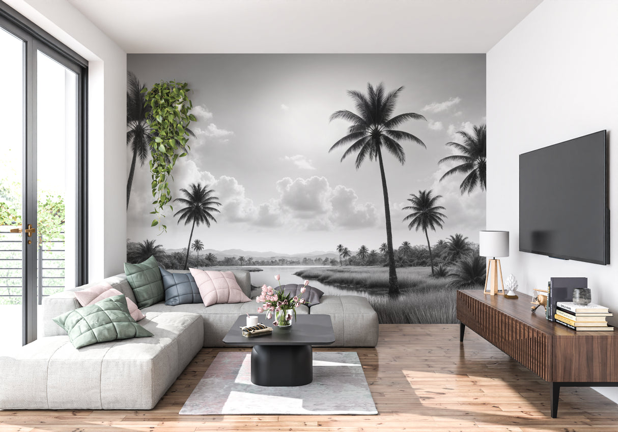 Beach scene mural bringing coastal vibes to a master bathroom