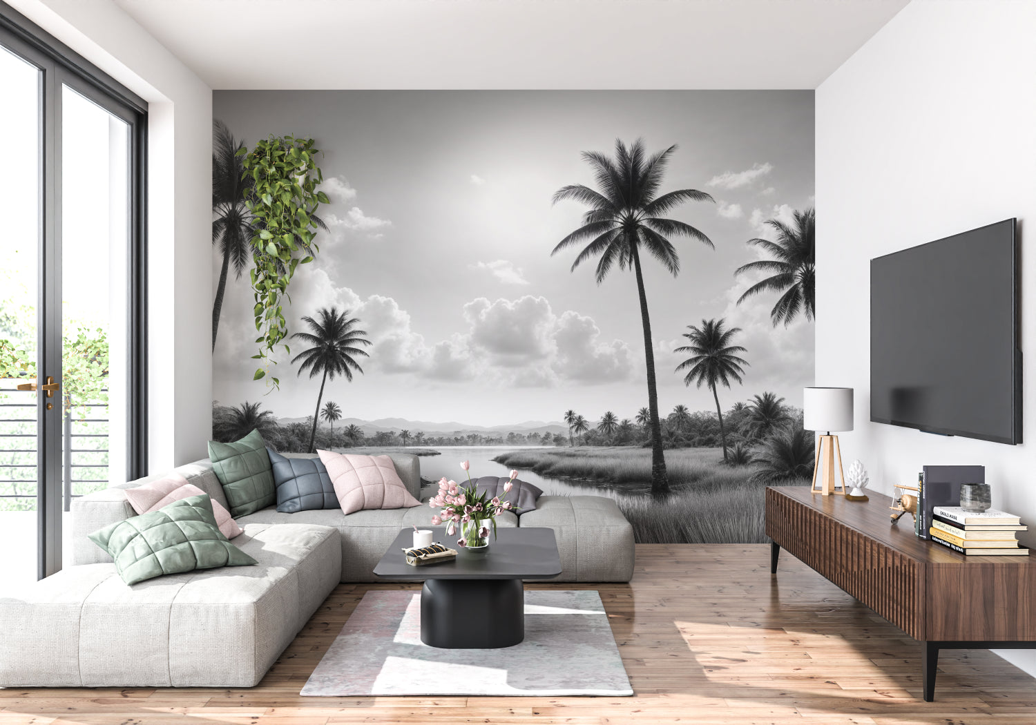 Beach scene mural bringing coastal vibes to a master bathroom