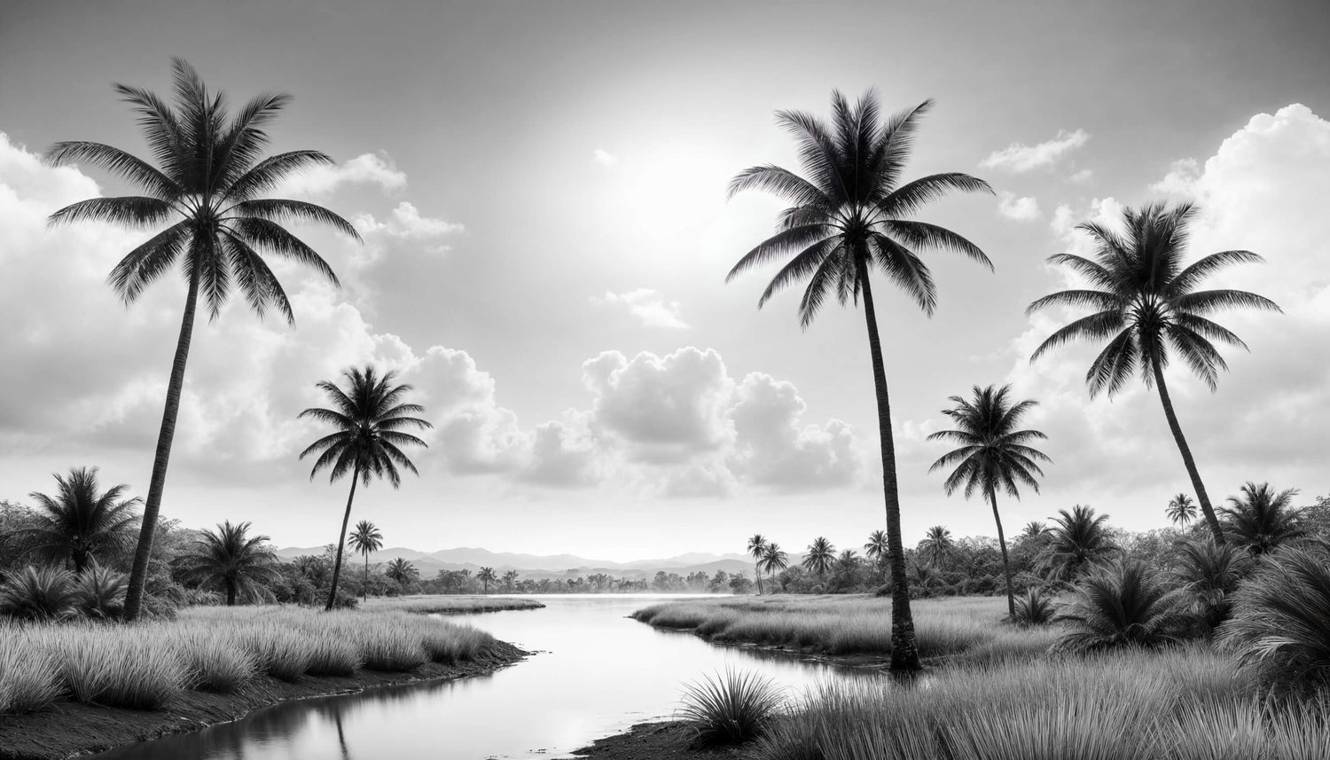 Black and white tropical beach pattern design file showing full palm tree silhouettes and horizon details