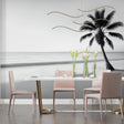 Black and white tropical beach wallpaper creating a calm atmosphere in a modern living room