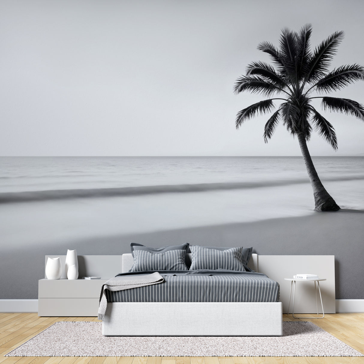 Minimalist palm beach mural adding depth to a cozy bedroom space