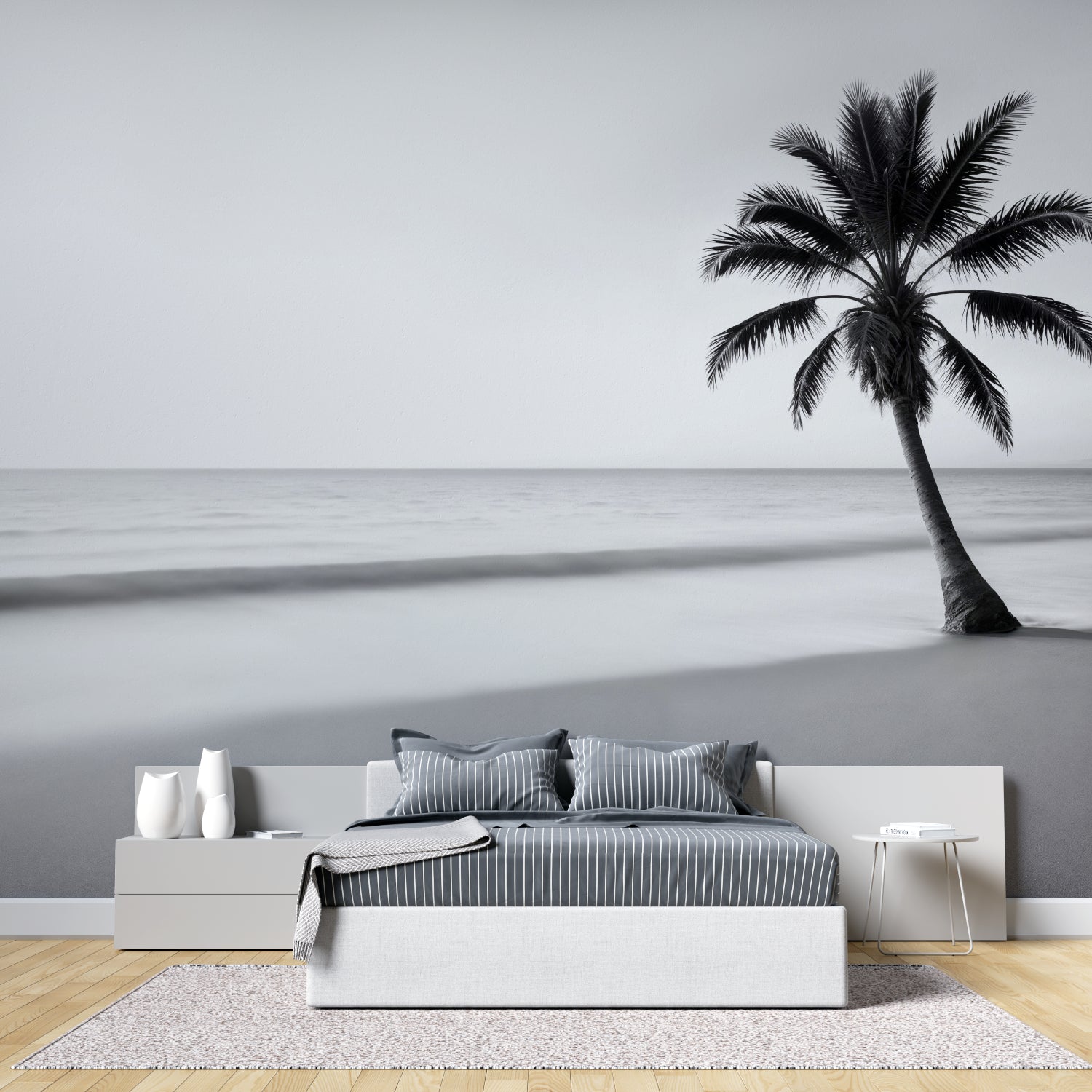 Minimalist palm beach mural adding depth to a cozy bedroom space