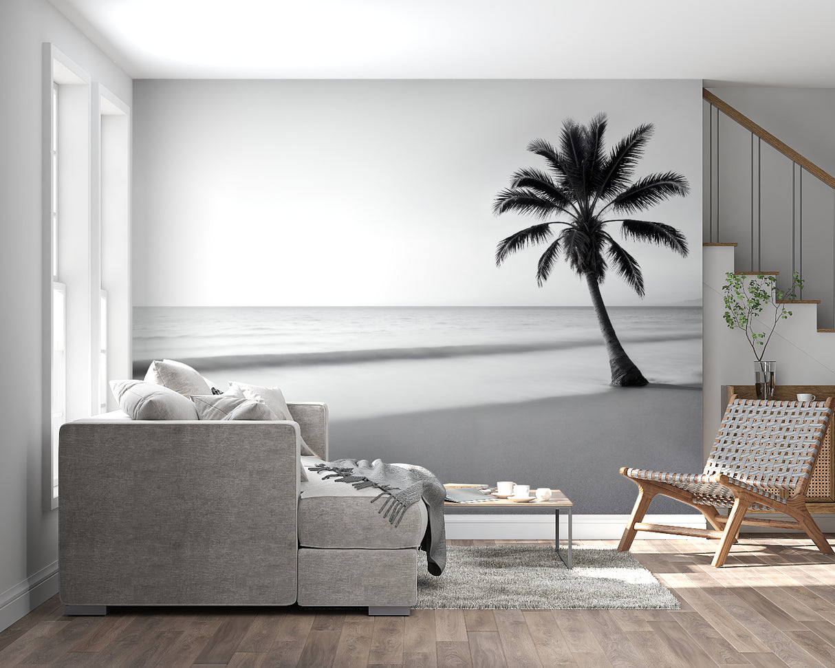 Monochrome tropical wall mural brightening up a home office setting